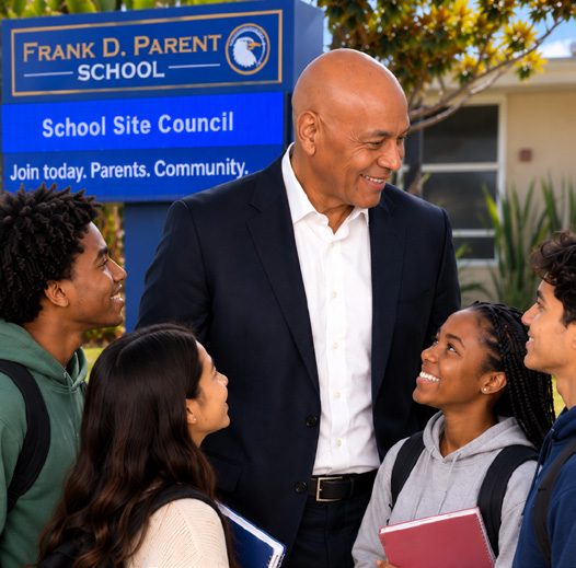 Joe Bowers talking with students outside Frank D. Parent School